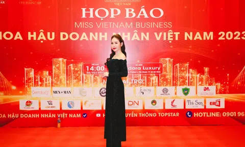 Á hậu Vũ Khánh Hòa diện thiết kế áo dài nổi bật tại họp báo Hoa hậu Doanh nhân Việt Nam 2023