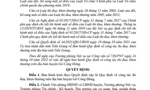 Gò Công Đông (Tiền Giang): Quy định về công tác thi đua, khen thưởng trên địa bàn huyện