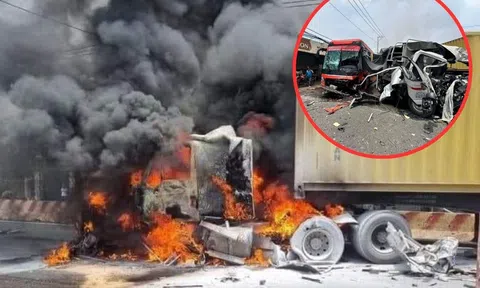 Xe container bốc cháy ngùn ngụt sau tai nạn kinh hoàng tại Bình Phước, nhiều người thương vong