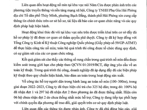 Hải Phòng: Thông tin chính thức về hoạt động nổ mìn tại khu vực núi Năm Cửa