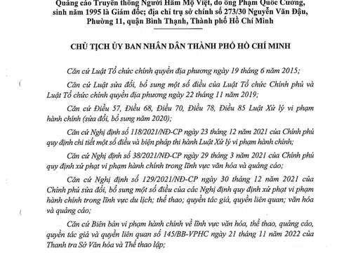 Công ty TNHH MTV Quảng cáo Truyền thông Người hâm mộ Việt bị phạt và đình chỉ hoạt động