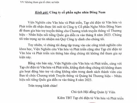 Viện Nghiên cứu Văn hóa và Phát triển cùng Tạp chí của Viện không tham gia bảo trợ Chương trình truyền thông, quảng bá Thương hiệu, Nhãn hiệu nổi tiếng Quốc gia 2023