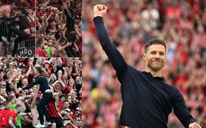 HLV Alonso trèo lên khán đài mừng vô địch cùng NHM Leverkusen