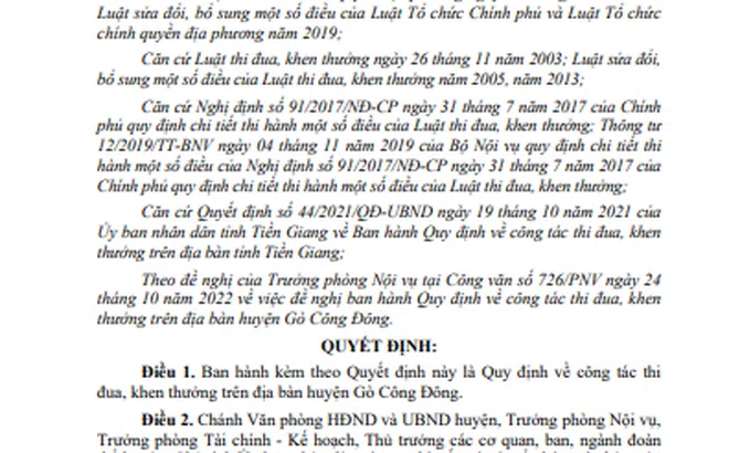 Gò Công Đông (Tiền Giang): Quy định về công tác thi đua, khen thưởng trên địa bàn huyện