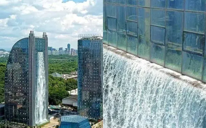 Thác nước  kỳ lạ nhất thế giới ở Trung Quốc: Xây trên toà nhà, 1 ngày tốn 70 triệu tiền điện